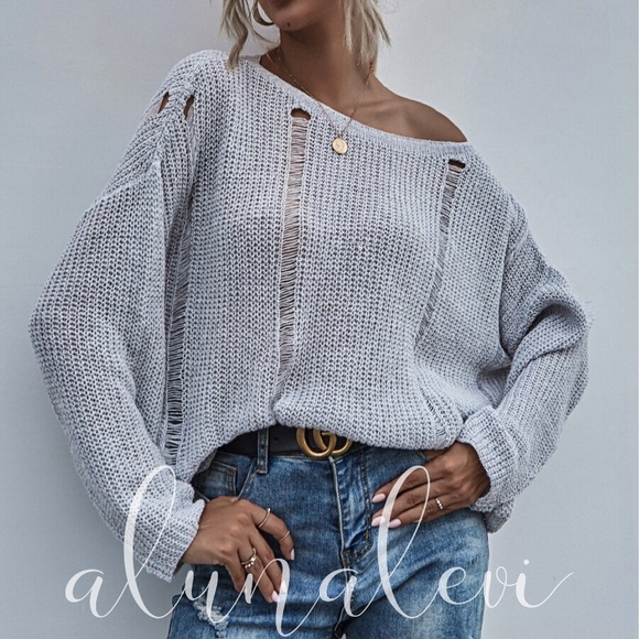 Sweaters - greydistressed oversized knit sweater